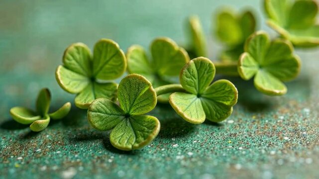 A green leaf with four points is on a green surface. The leaf is the shape of a clover