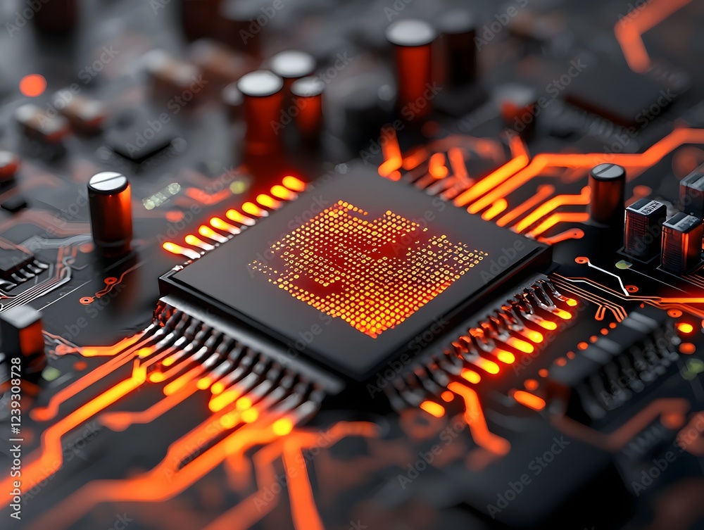 Poster mesmerizing layered patterns of binary code circuit board designs and futuristic technological eleme