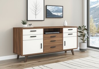 Fototapeta premium Modern Wooden Cabinet with Stylish Design and Serene Mountain View