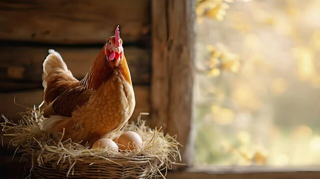 Brooding brown hen perched on fresh eggs in straw lined wicker basket, sunlight streaming through rustic barn window, softly illuminating farm setting