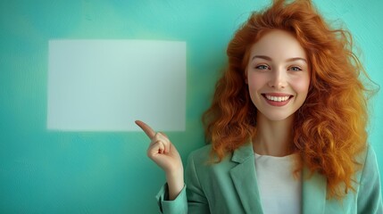 Naklejka premium Young woman with vibrant red hair smiles while pointing at blank space