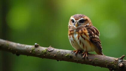 Fototapeta premium Tiny Eurasian pygmy owl perched on a weathered branch , detail, predator, bird
