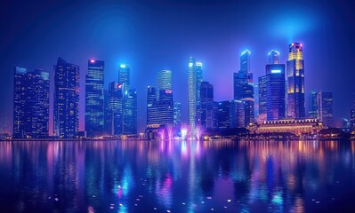 Fototapeta premium Vibrant Nighttime Cityscape of a Modern Skyline Reflected in Water with Colorful Lights and Illuminated Skyscrapers