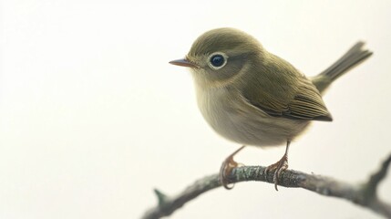 Fototapeta premium Small bird perched on branch, white background, nature scene, wildlife photography