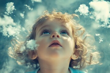 Child gazing at clouds during a sunny day, immersed in imagination and wonder