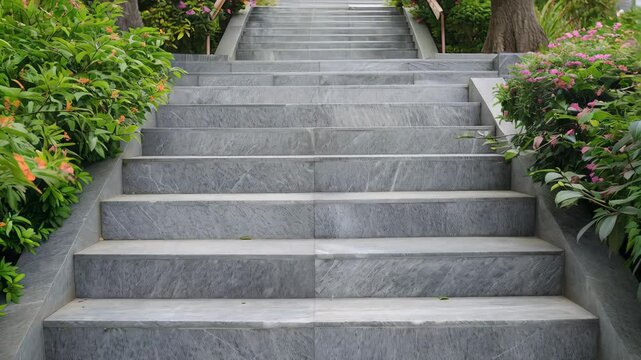 Gray stone staircase winding through lush garden, vibrant flowering bushes surrounding pathway, conveying serene landscaping and architectural harmony