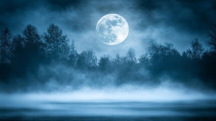 Full Moon Over Foggy Forest at Night