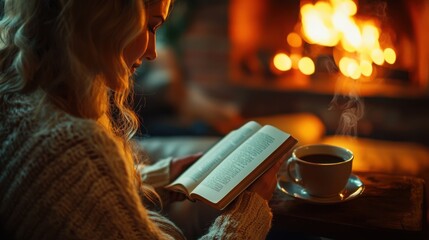 Young woman relaxing by a fireplace, enjoying a warm drink and a book. Cozy autumn evening.