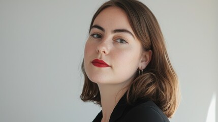 Fototapeta premium Close-up portrait of a young woman with shoulder-length brown hair, wearing a black blazer and bold red lipstick. Her expression is confident and direct.