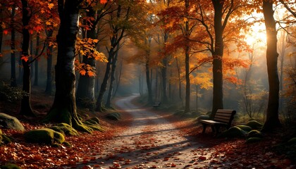 "Autumn Forest Pathway"The muddy trail glistens under a steel-gray sky, reflecting the muted golds and browns of waterlogged leaves.
