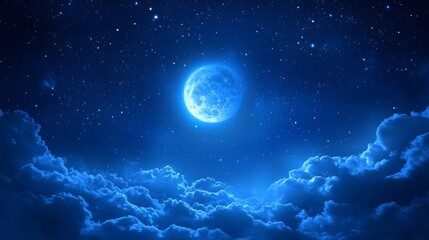 Fototapeta premium Full Moon Night Sky With Blue Clouds And Stars