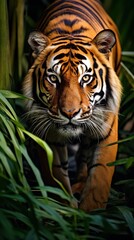 Fototapeta premium Majestic tiger stealthily prowling through the lush green jungle foliage