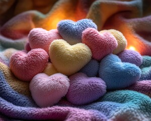 A pile of cozy heart-shaped plush toys on a vibrant fleece blanket, bathed in gentle ambient light.