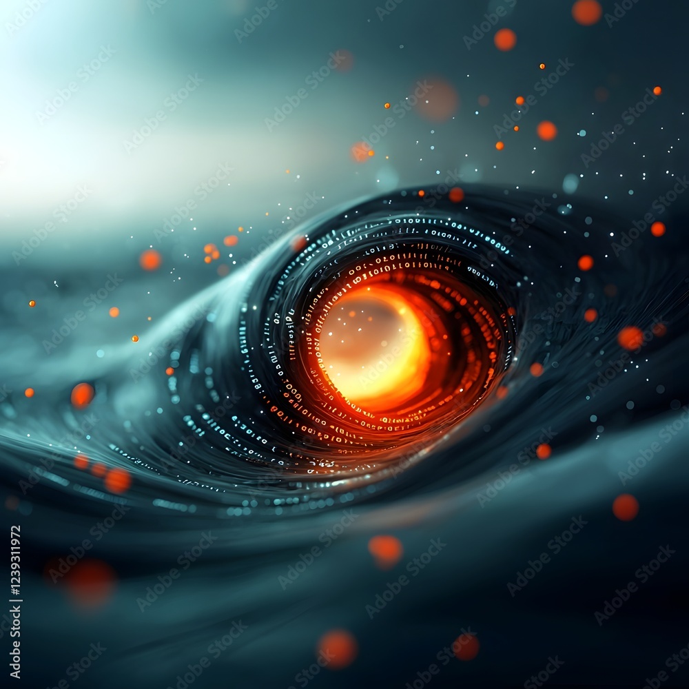 Poster oscillating streams of 1s and 0s intertwined with lines of code manifest against a mysterious ethere