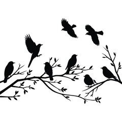 Obraz premium Birds perched on branches with some flying in a black and white silhouette illustration featuring nature, wildlife, animals