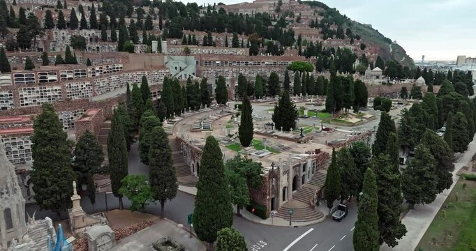 Aerial view of a cemetery in Barcelona. Cityscape tourist Catalonia. High quality 4k footage