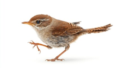 Fototapeta premium Small brown bird walking, white background, wildlife photography, nature stock image