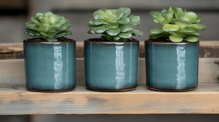 Three Succulents in Teal Ceramic Pots on Wood