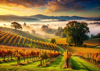 Naklejka premium Vintage Yarra Valley Vineyard Fog: Misty Morning Rolling Hills, Early Dawn, Australia