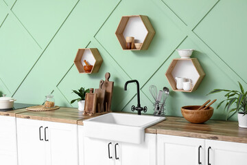 Fototapeta premium Interior of modern comfortable kitchen, closeup