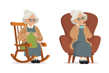 Cute cartoon grandma in a rocking chair knitting. Grandma drinking tea sitting in a chair