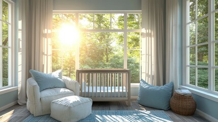 Sunlit nursery, crib, armchair, serene garden view, home decor