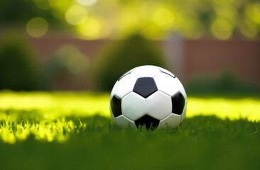 Fototapeta premium soccer ball on the green lawn of a football field