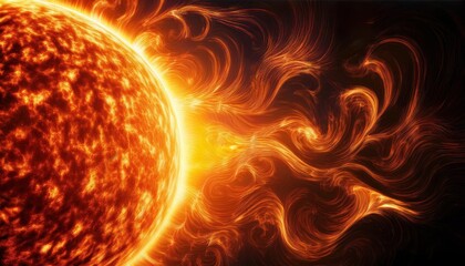 Fototapeta premium A detailed artistic depiction of the sun's fiery surface with swirling solar flares and plasma waves in space