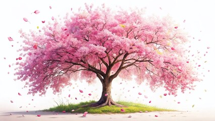Watercolor Painting Pink Cherry Blossom Tree Petals White Background