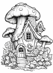 Black and white fantasy illustration of a whimsical cottage with a mushroom-shaped roof, surrounded by flowers and plants. Fairy tale house drawing. coloring