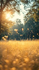 Fototapeta premium The serene image of a breeze through tall grass fields, bathed in warm, soft light, evokes calm and relaxation. Perfect as a soothing background for inspirational posters or wellness designs.