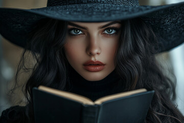 Classic Portrait of Mysterious scary Witch with Captivating glowing Eyes, Generative AI design