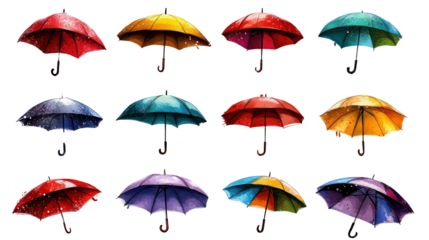 A vibrant set of colorful umbrellas in a seamless pattern, designed to represent rainy weather and autumn season, featuring a playful and artistic style