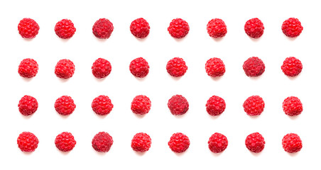 Freshly picked raspberries arranged in a neat grid on a white background for a vibrant visual...