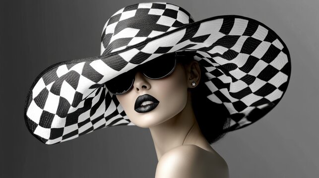A stylish model wearing a bold black and white checkered hat captures the essence of modern fashion, blending elegance and audacity with striking makeup and lighting.