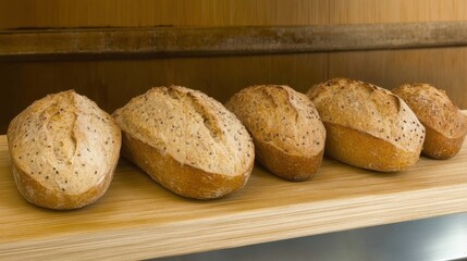 A beautifully arranged selection of artisan bread loaves on a wooden board, emphasizing gourmet baking and culinary artistry in a rustic setting.