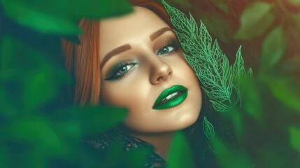 A mesmerizing image of a woman with bright green lips and vibrant features peeking through lush foliage, symbolizing the blend of beauty and nature in a captivating way.
