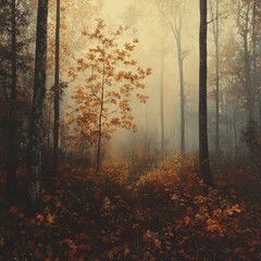 Fototapeta premium Autumn foliage shines in a foggy forest