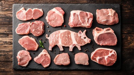 This appetizing image presents a variety of fresh pork cuts artistically arranged on a wooden board, appealing to culinary enthusiasts and showcasing quality meat cuts.