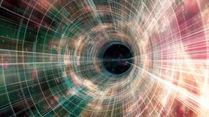 Fototapeta premium This striking abstract image illustrates a cosmic vortex, filled with vibrant colors and light trails, representing the journey through space and the mysteries of the universe.
