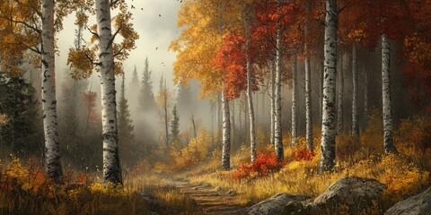 Vibrant autumn forest path with colorful foliage