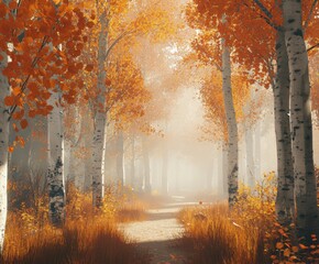 Vibrant autumn forest pathway with mist and golden leaves