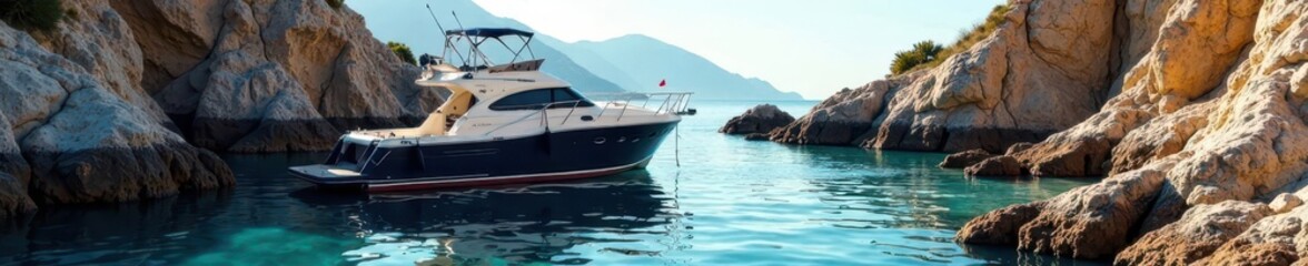 Naklejka premium Un barco anclado en medio de rocas mojadas con textura rugosa, waterfront scenes, marina