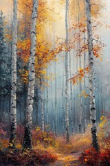 Fototapeta premium Beautiful autumn forest with vibrant trees and fog