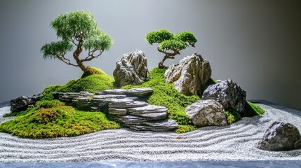 Miniature Zen Garden Landscape With Bonsai Trees And Rocks