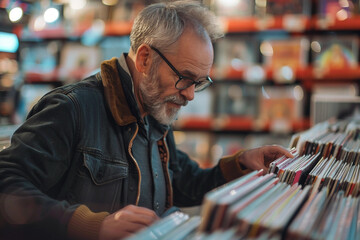 Person look vinyl records in retro music store, surrounded by various music genres classic CDs tapes vintage musical instruments, Generative AI