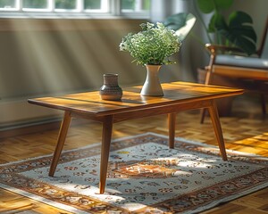 A mid-century modern coffee table with sleek wooden design and retro d?(C)cor items, sitting on a plush vintage rug, bathed in warm, golden sunlight.