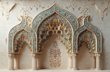 Intricate Arches with Turquoise Tilework and Ornate Detailing Against Beige Wall

