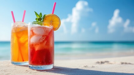 Delicious cocktails in refreshing hues of red and orange are placed gracefully on the sandy shore, perfectly capturing the essence of a sunny beach day and summer bliss.