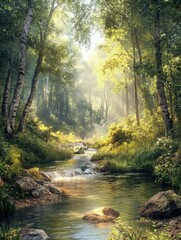 Obraz premium Sunlight filters through trees in a serene forest stream